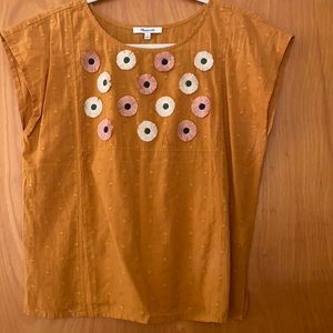 Mustard yellow cap sleeve top with fringe flowers